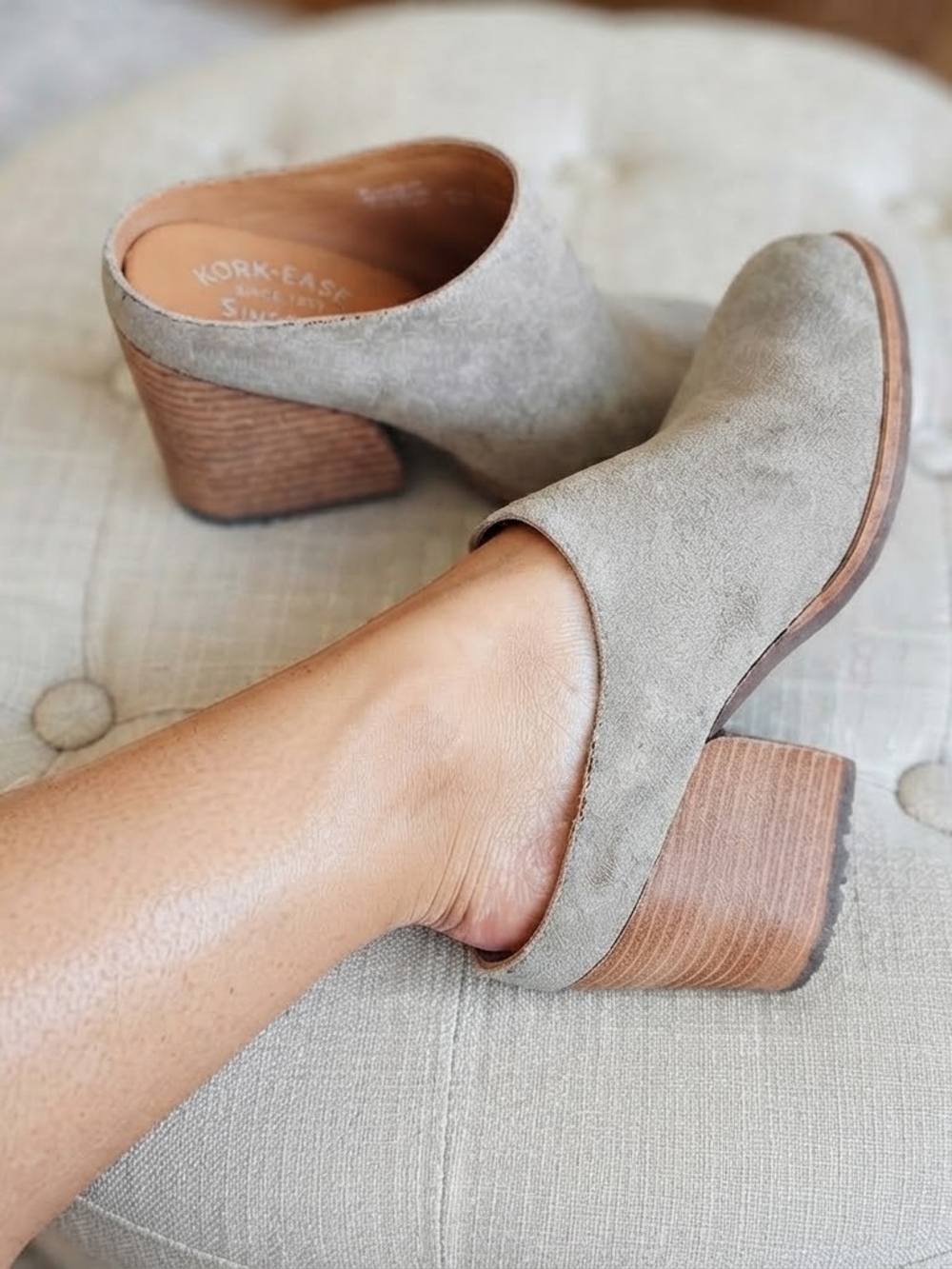 Kork-Ease Taupe Suede Block Heel Mules Size 6